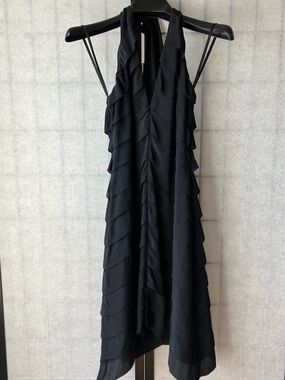 BCBG Max Azria Black Silk Cascading Ruffled Tiered Asymmetrical Halter Dress